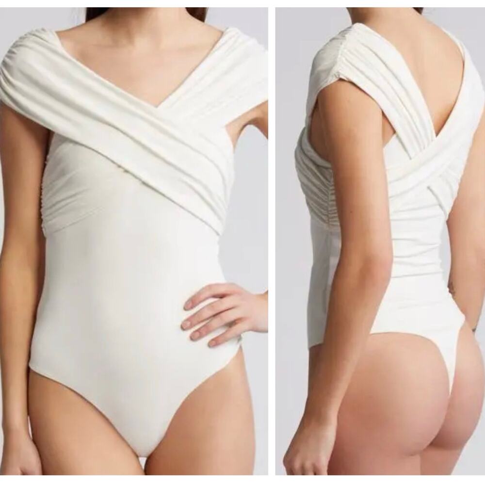 Rue Sophie Lara Crossover Bodysuit Small Women Thong Wrap Snap Modal Chic Ruched